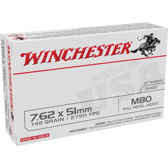 Winchester USA Lake City M80 Rifle Ammunition 7.62x51mm 149 gr. FMJ 2790 fps 500/ct WNWM80C