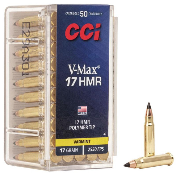 CCI Rimfire Ammunition .17 HMR 17 gr VMax 2550 fps 50/ct CC49