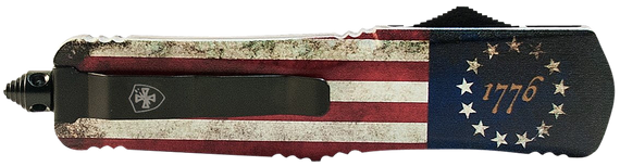 Templar Knife SBRF331 Gen II Betsy Ross Flag Small 2.69" OTF Drop Point Plain Black Oxide Stonewashed Black 440C SS Blade, 4.31" Betsy Ross Flag Aluminum Handle Glass Breaker 130569