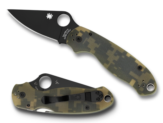 Spyderco C223GPCMOBK Para 3  2.95" Folding Drop Point Plain Black DLC CPM S30V SS Blade Camo G10 Handle Includes Pocket Clip 108272