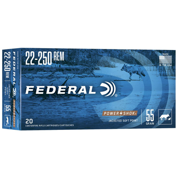 Federal Power-Shok Rifle Ammunition .22-250 Rem 55 gr SP 3050 fps - 20/ct FA22250A