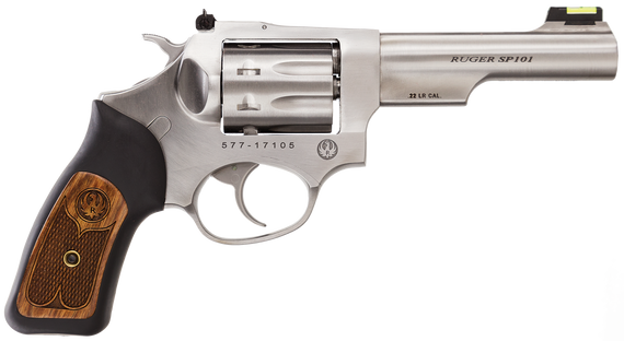 Ruger 5765 SP101  22 LR 8rd 4.20" Satin Stainless Steel Barrel, Cylinder & Frame, Black Rubber w/Wood Insert Grip, Transfer Bar Safety, Exposed Hammer 77795