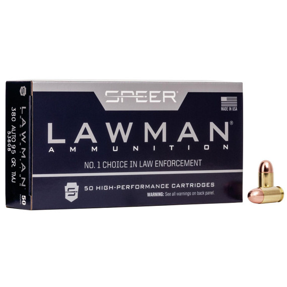 Speer Lawman Handgun Ammunition .380 Auto 95 gr. TMJ 950 fps 50/ct CC53608 Speer Lawman Handgun Ammunition .380 Auto 95 gr. TMJ 950 fps 50/ct CC53608