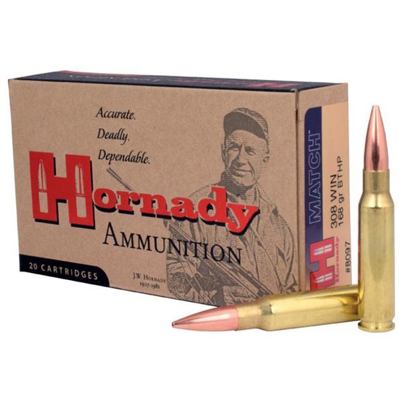 Hornady Match Rifle Ammunition .308 Win 168 gr BTHP 2700 fps - 20/box HO8097