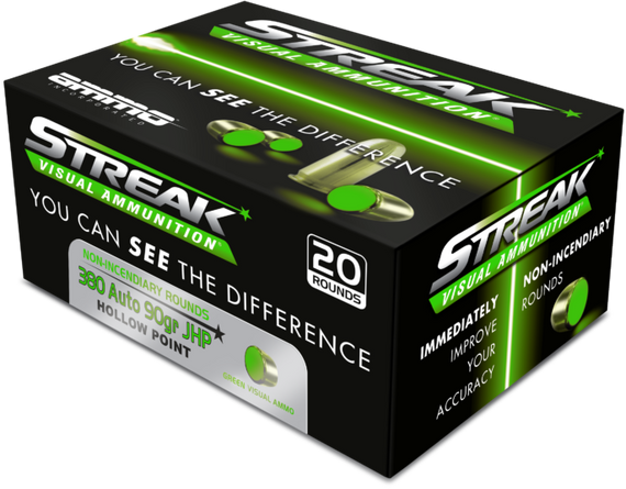 Ammo Inc 380090JHPSTRKGRN Streak Visual (GREEN)  380Auto 90gr Jacketed Hollow Point 20 Per Box/10 Case 173070