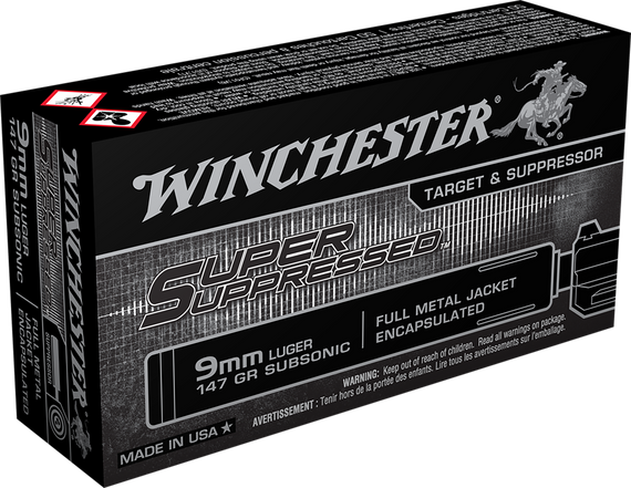 Winchester Ammo SUP9 Super Suppressed  9mmLuger Subsonic 147gr Encapsulated Full Metal Jacket 50 Per Box/10 Case 46638