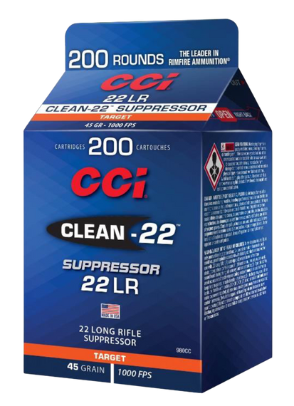 CCI 980CC Clean-22 Suppressor 22 LR 45 gr Lead Round Nose 200 Per Box/ 10 Case 120670
