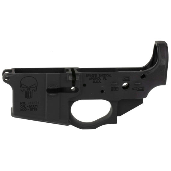 SPIKES TACTICAL STRIPPED LOWER RECEIVER, MULTI CAL, PUNISHER LOGO SPIKSTLS015