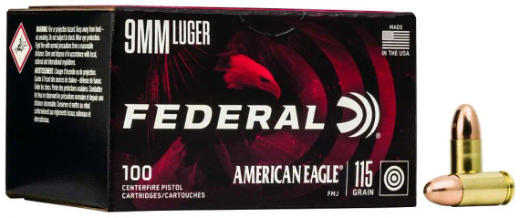 FEDERAL 9MM LUGER 115GR FMJ 100 RD 100 RD/BX 5 BX/CS FEDEAE9DP100