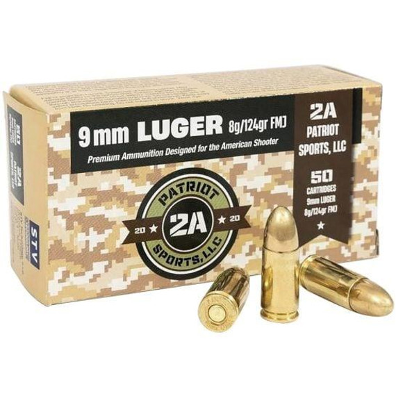 Patriot Sports Brass Handgun Ammunition 9mm Luger 124gr FMJ 1148 fps 1000rd (20-50rd Box) AKP9MM124FC
