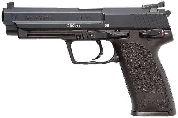 HK 81000365 USP Expert V1 SA/DA 45 ACP Caliber with 5.19" Barrel, 10+1 Capacity, Overall Black Finish, Serrated Trigger Guard Frame, Serrated Long Steel Slide & Polymer Grip Includes 2 Mags 178698
