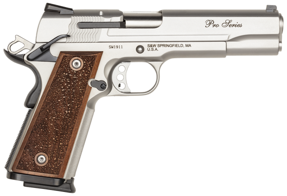 Smith & Wesson 178017 1911 Performance Center Pro  Full Size Frame 9mm Luger 10+1, 5" Stainless Steel Barrel, Matte Silver Serrated Stainless Steel Slide & Frame w/Beavertail, Wood Grip 57829