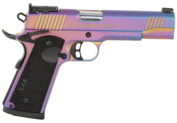 Girsan 391091 MC1911  Full Size Frame 45 ACP 8+1 5" Stainless Bull Barrel, Multi Color PVD Coating Serrated Steel Slide, Multi Color PVD Coating Steel Frame w/Beavertail, Black Textured Grip 175063