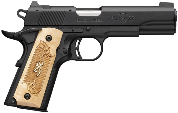 Browning 051067490 1911-22 Black Label Medallion Full Size Frame 22 LR 10+1 4.25" Stainless Steel Barrel, Matte Black Serrated Slide, Matte Black Aluminum Frame w/Beavertail, Maple Medallion Grip 176688