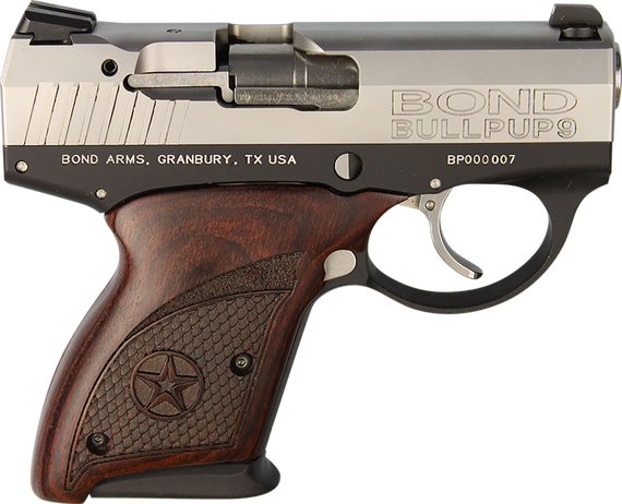 Bond Arms BABP BullPup9  Micro-Compact Frame 9mm Luger 7+1, 3.35" Stainless Steel Barrel, Stainless Serrated Steel Slide, Black Aluminum Frame, Engraved Rosewood Grips 45212