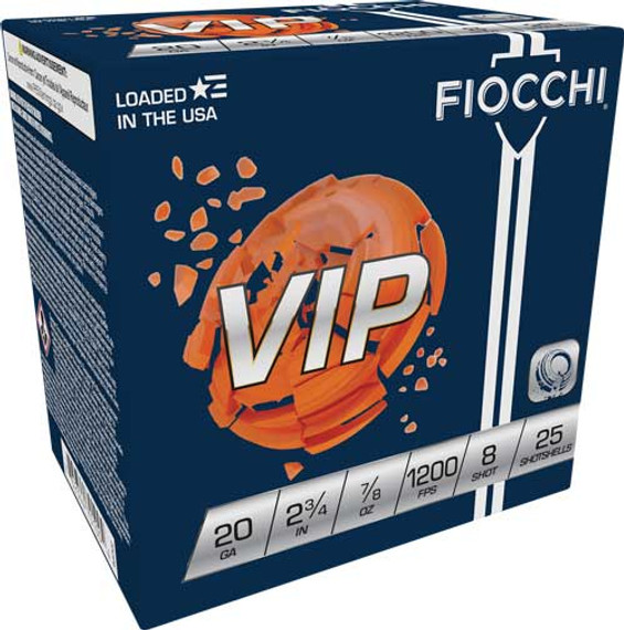 FIOCCHI VIP 20GA 2.75" 7/8OZ#8 1200FPS 250RD CASE LOT A20VIP8