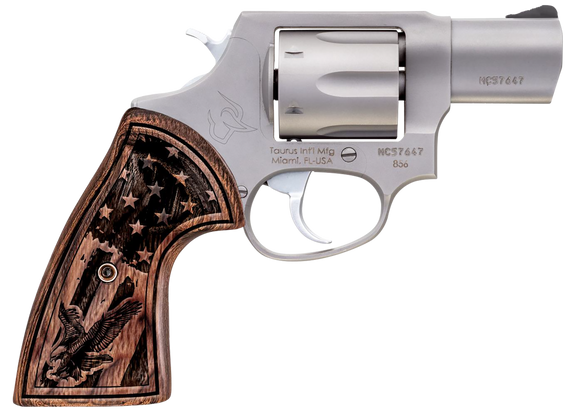 Taurus 285629US1 856  Small Frame 38 Special +P 6rd 2" Matte Stainless Steel Barrel, Cylinder & Frame, Engraved USA Flag Walnut Grip, Transfer Bar Safety 165295