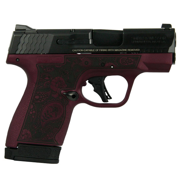 S&W M&P Shield Plus Custom Engraved Paisley Black Cherry Frame Handgun 9mm Luger 10rd/13rd Magazines 3.1" Barrel Thumb Safety SW13246PBC