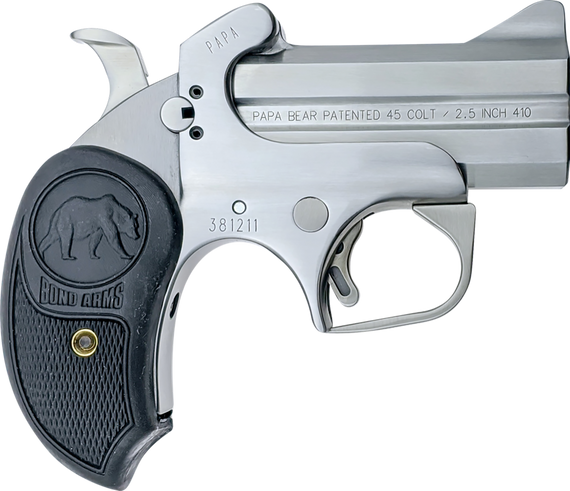 Bond Arms BAPB Papa Bear  45 Colt (LC)/410 Gauge 2rd 3" Stainless Steel Double Barrel & Frame, Auto Extractors & Rebounding Hammer, Blade Front/Fixed Rear Sights, Extended Rubber Grip, Manual Safety 1665