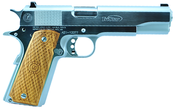 TriStar 85605 American Classic Government 1911 9mm Luger 10+1 5" Stainless Steel Barrel, Chrome Serrated Steel Slide, Chrome Steel Frame w/Beavertail, Wood Grip 140968