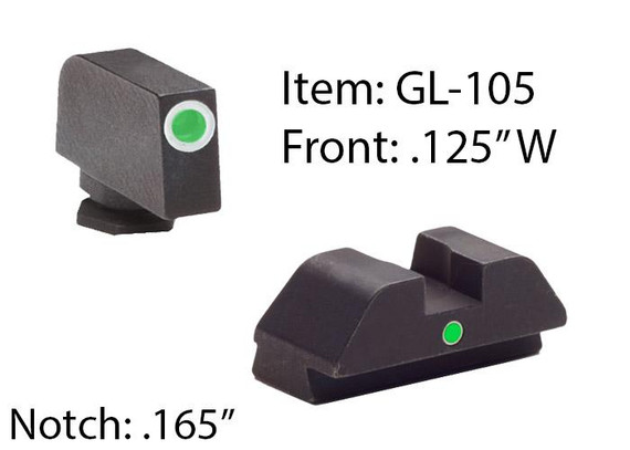 Ameriglo Tritium i-Dot Night Sight Set for Select Glocks - Front Tritium - Green / Front Outline - White / Rear Style - Green Square Notch KQGL201