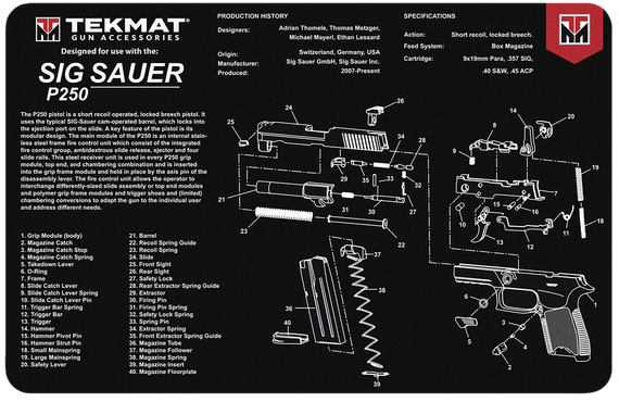 TekMat TEKR17SIGP250 Sig Sauer P250 Cleaning Mat Black/White Rubber 11"x17" Sig Sauer P250 Parts Diagram 177705