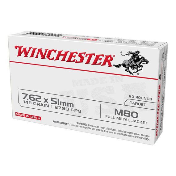 Winchester USA Lack City M80 Rifle Ammunition 7.62x51mm M80 149 gr. FMJ 2790 fps 20/ct WNUSAVM80X