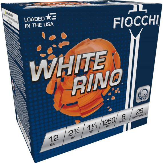Fiocchi White Rino Shotshells 12 ga 2 3/4" 1 1/8oz 1250fps #8 25/ct XN12WRNO8