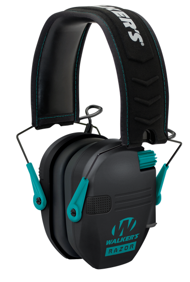 Walker's GWPRSEMTL Razor Slim Electronic Muff 23 dB Over the Head Black Polymer w/Teal Accents 9585