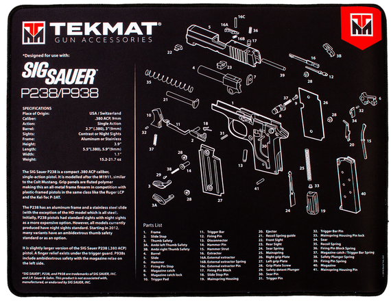 TekMat TEKR20SIGP238 Sig Sauer P238 Ultra 20 Cleaning Mat Black/White Rubber 15"x20" Sig Sauer P238 Parts Diagram 177715