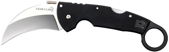 Cold Steel CS22C Tiger Claw  3.50" Folding Hawkbill Plain Stonewashed American S35VN Blade/6" Matte Black w/Ring G10 Handle Includes Belt Clip 155519