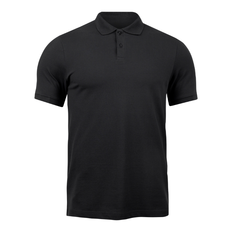 A black polo shirt resting on a background of pure white