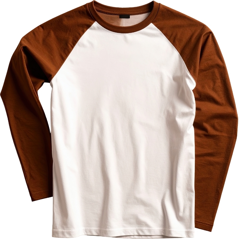A white and burnt orange baseball style long sleeve shirt laying on white background