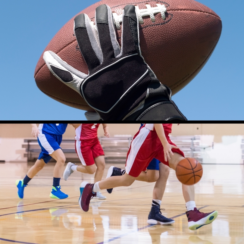 A composite image of a football player catching a football wearing receivers gloves and a group of basketball players running down a court, with the image focused on their shoes and socks.