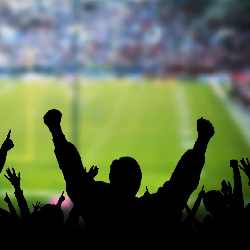 A sillhouette of fans cheering during an MLS game, the field under bright lights can be seen in the background.