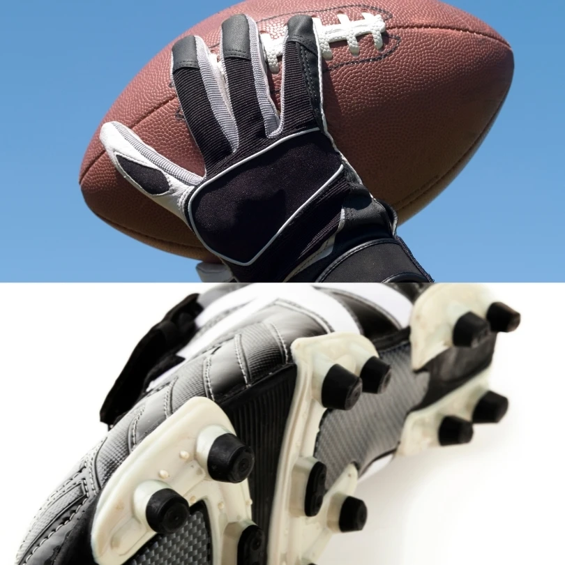 A composite image of a gloved hand catching a football and a football cleat just after getting it's cleat spikes replaced.