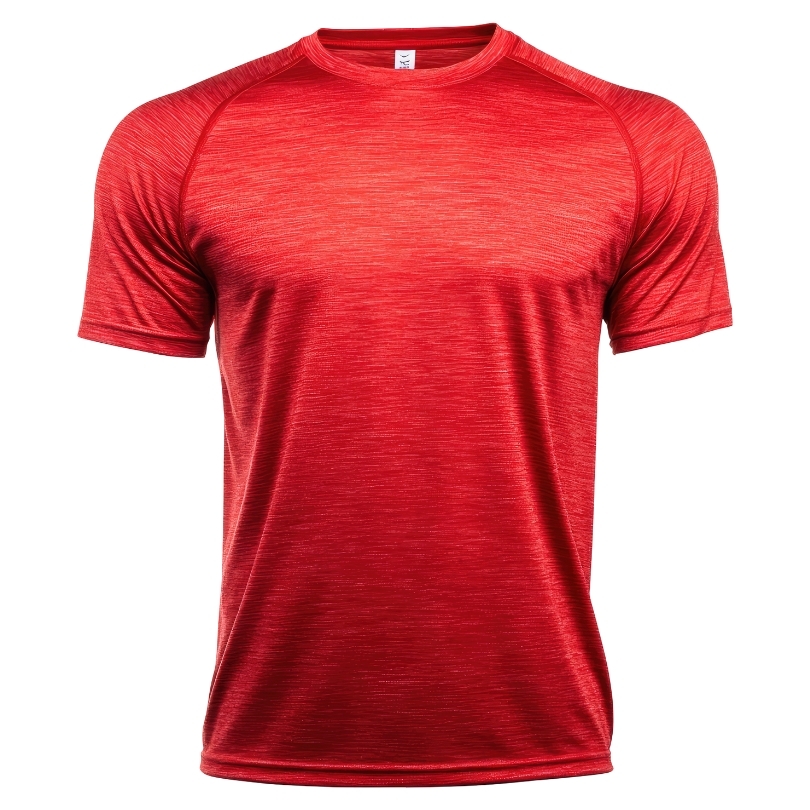 A red short sleeve shirt made of an athletic, synthetic material blend on a white background