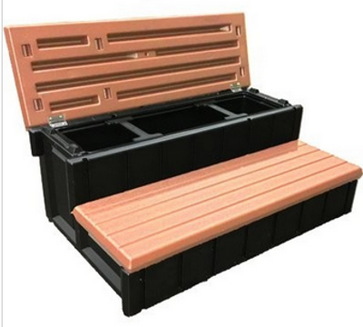 36 In Redwood Confer Leisure Accents Spa Step LASS36. Redwood color, plastic spa step with lid.  Weather resistant and grooves to protect against slipping.  Ideal for use alongside a hot tub.