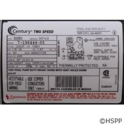 Motor Century 1.5 HP 230V 2-Spd 56Yfr Sqfl EE