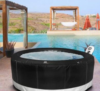 Camaro inflatable hot tub by pool.