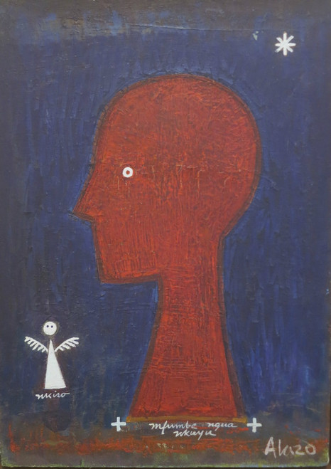 Alazo - Alejandro Lazo #6704.  "Mfumbe," 2002. Oil on canvas. 19.5 x 14.5 inches, framed.