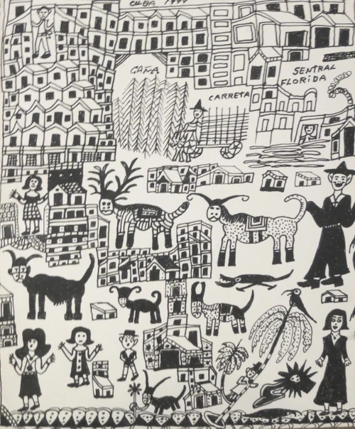 Isabel de las Mercedes,           "Caña, carreta, sentral Florida," 1999. Ink on paper.                    15” x 13”                                                                               #2087