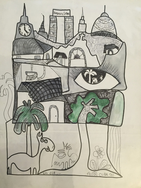 Fuster (José Rodríguez Fuster), "Un dia," 1990. Watercolor and ink on paper. 14" × 11". #151