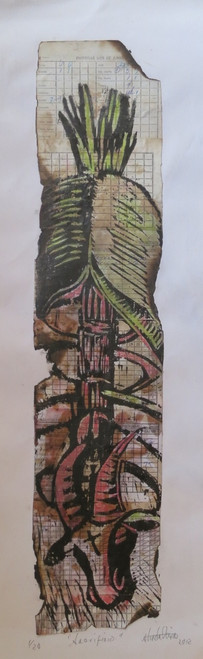 Guillermo Estrada Viera #7059A.    "Sacrificio," 2012. Woodblock Collagraphy Print On Cuban Ration Paper, Edition 1 Of 20.    24" x 8.5."