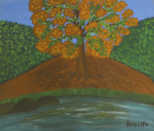 Daisy Lazcano,   "Framboyan," 1991. Oil on cardboard.        12” x 13.5”   #6321