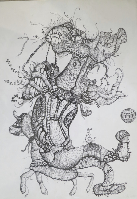 Alberto Migoya,                          "El viejo," 1998. Pen and ink on paper.                                  13” x 9.5”           #6675