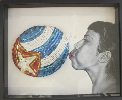 Marlys Fuego #5628. Series:"Mi aire," 2011. Mixed media on wood, framed. 17 x 21 Inches.