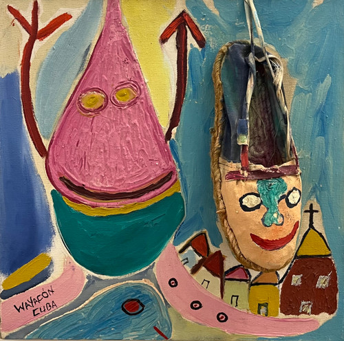 Wayacón (Julián Espinosa),                                       Untitled, ND. Mixed media on canvas and espadrille shoe,   16” x 16”                #1682