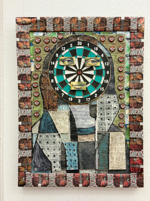 Joel Jover,  "Retrato: Mona Lisa," 2008.  Mixed media: Bucareno beer cans, wood.. 32" x 24"  #8009 (SL)