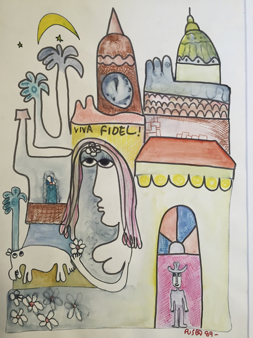 Fuster (José Rodríguez Fuster), "Viva Fidel," 1989. Watercolor and ink on paper. 24" x 19". #2450